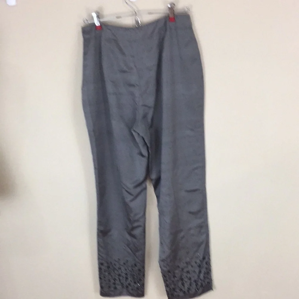 David Brooks Gray Silk Pants with Embroidery and Beading Size 8
